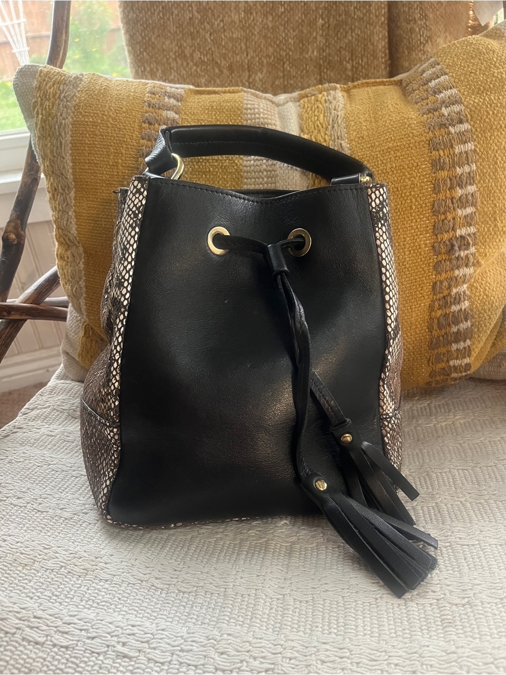 Black Italian Leather Drawstring Satchel with Snake-Print Panels